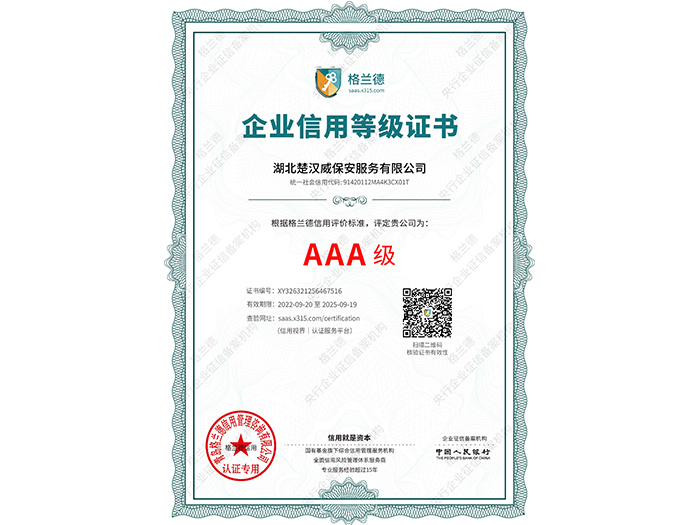 AAA級企業信用等級證書